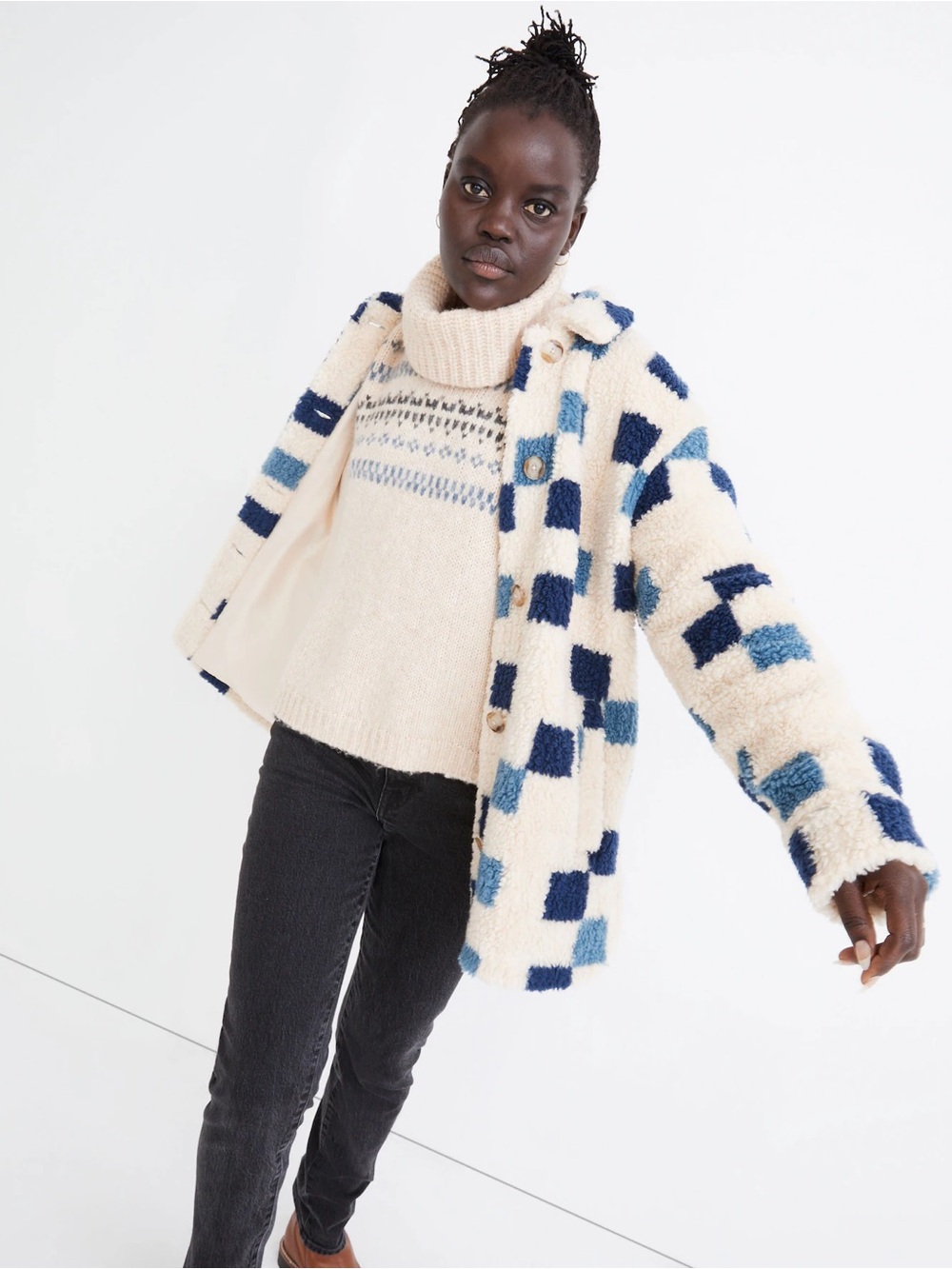 Madewell Cream and Blue Check Teddy Shacket